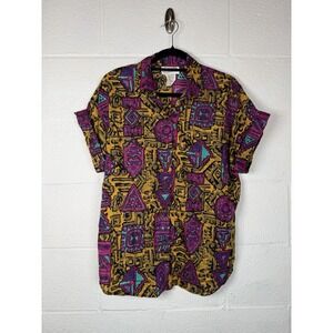 Vintage 90s California Connection Abstract Tribal Print Button Up Shirt L